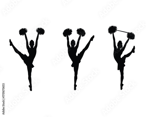 Silhouette of three energetic cheerleaders performing dynamic dance poses with pom poms raised high against a white background