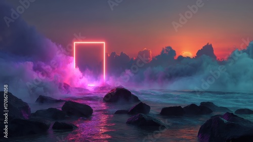A futuristic night landscape featuring glowing neon skyscrapers