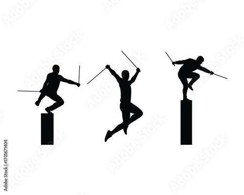 Dynamic silhouettes of athletes performing pole vaulting and high jump in mid air against white background