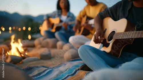 A group of friends plays acoustic music in a park with guitars strumming a campfire glowing blankets spread and stars twinkling above depicted in a melodic photo with string