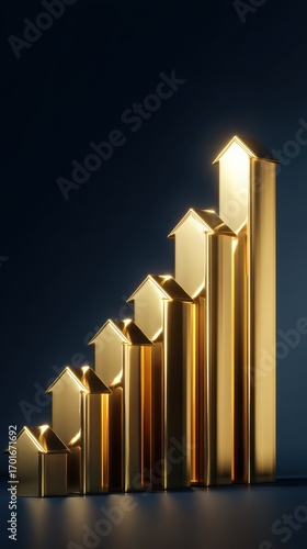 Six polished golden arrows rising against a sunset sky