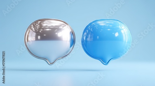 Two metallic speech bubbles reflecting in shimmering silver light