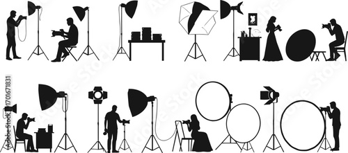 Silhouette illustration of professional photography studio setup with photographers, cameras, lighting equipment, reflectors, and models for creative photo shoot design