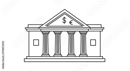 Line drawing of a building with columns and currency symbols on top.