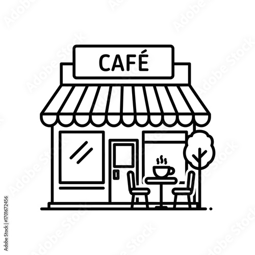 Line art illustration of a cafe building with outdoor seating and a tree.