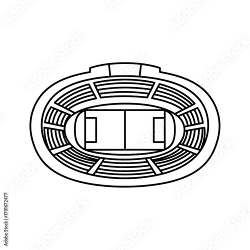 Black and white line drawing of an oval stadium with seating and fields.