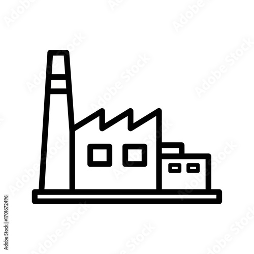 Factory icon illustration with chimney and sawtooth roof in black outline.