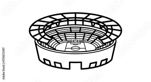 Black and white line drawing of a stadium with a soccer field inside.