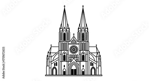 Line drawing of a church with two spires and a rose window.