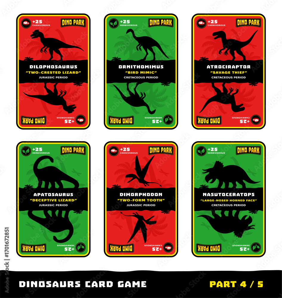 Obraz premium Dinosaurs card game for kids. Features silhouettes, names, and facts about dinosaurs species: Dilophosaurus, Ornithomimus, Atrociraptor, Apatosaurus, Dimorphodon, Nasutoceratops. Part 4 of 5.