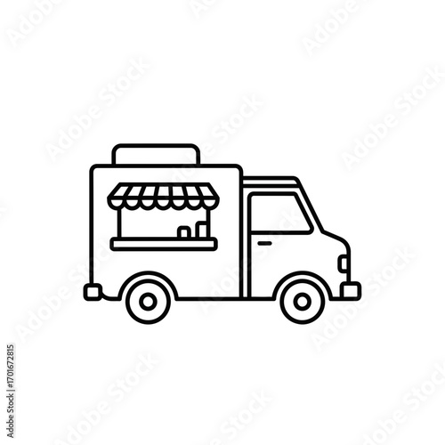 Line drawing of a food truck with awning and wheels on white background.