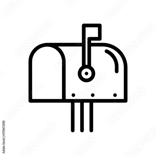 Black and white line art of a mailbox with a raised flag.