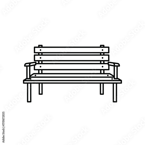 Simple line drawing of a park bench with back and armrests isolated.
