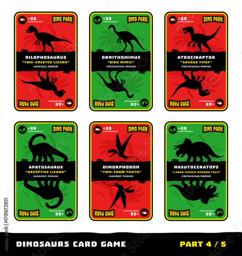 Dinosaurs card game for kids. Features silhouettes, names, and facts about dinosaurs species: Dilophosaurus, Ornithomimus, Atrociraptor, Apatosaurus, Dimorphodon, Nasutoceratops. Part 4 of 5.