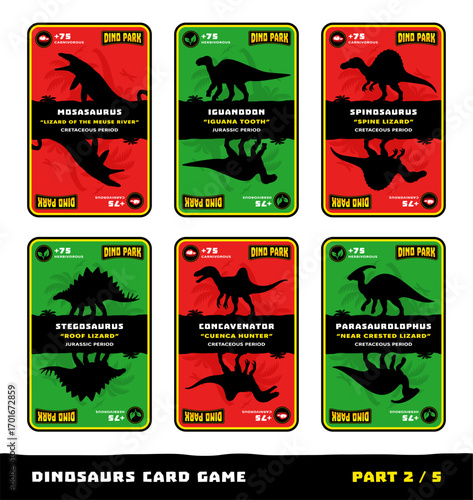 Dinosaurs card game for kids. Features silhouettes, names, and facts about dinosaurs: Iguanodon, Parasaurolophus, Stegosaurus, Spinosaurus, Mosasaurus, Concavenator. Part 2 of 5