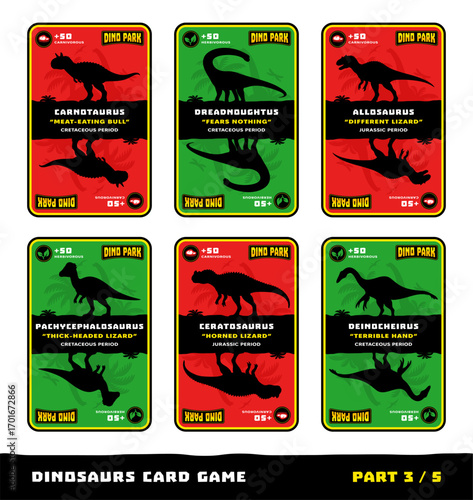 Dinosaurs card game for kids. Features silhouettes, names, and facts about dinosaurs species: Carnotaurus, Dreadnoughtus, Allosaurus, Pachycephalosaurus, Ceratosaurus, Deinocheirus. Part 3 of 5.