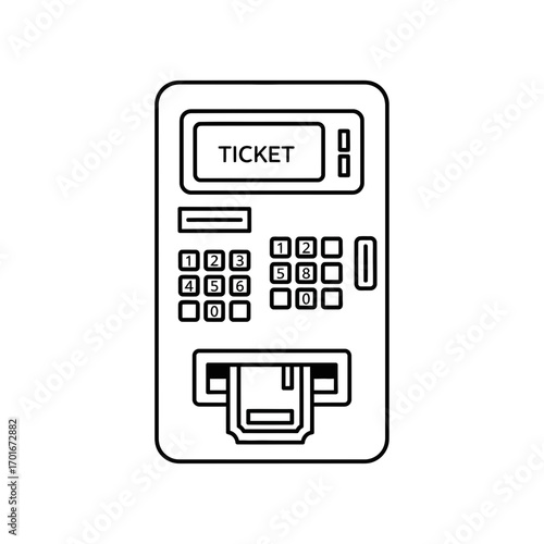 Line art of a ticket machine with a screen and keypad.