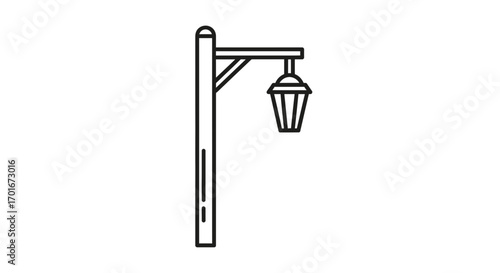 Line drawing of a street lamp with a wooden post and lantern.