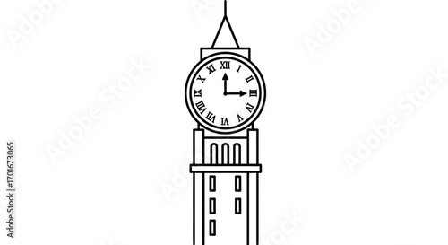 Clock tower illustration with roman numerals in black and white minimalist style.