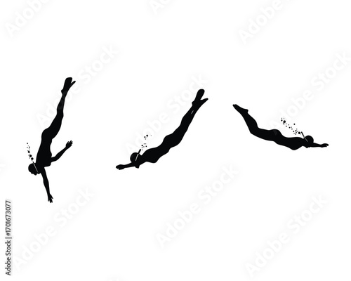 Dynamic silhouettes of three divers in mid air performing synchronized dives against a stark white background