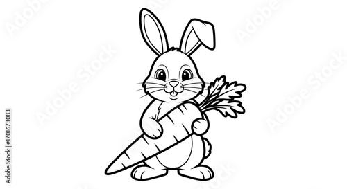 Cartoon rabbit holding a carrot in black and white on a white background.