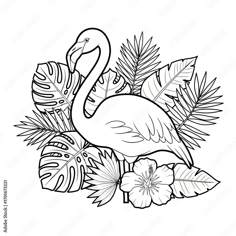 Obraz premium Flamingo illustration with tropical leaves and flower in black and white.