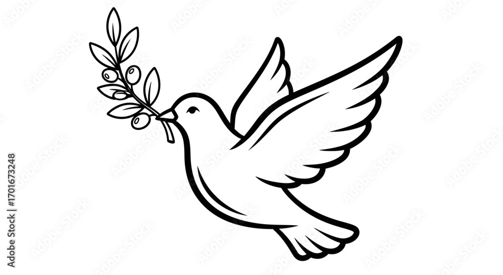 Obraz premium White dove carrying olive branch in its beak simple line drawing illustration.