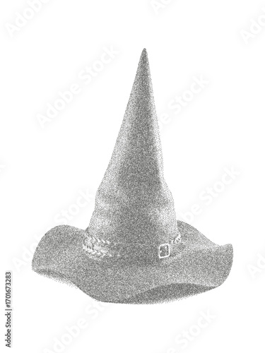 Witch hat in halftone stipple dotwork style. Gothic Halloween wizard hat illustration for tattoo, occult design, vintage poster, and decor. Vector