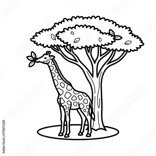 Giraffe standing near a tree eating leaves in a black and white illustration.