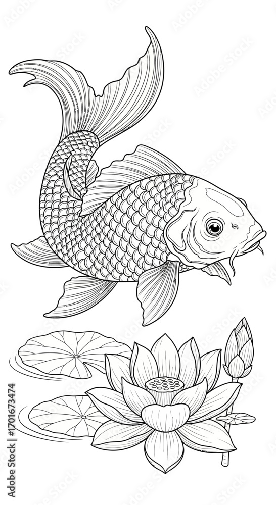 Fototapeta premium Black and white illustration of a koi fish swimming above a lotus flower.