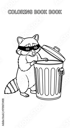 Raccoon near trash can coloring book page black and white illustration.