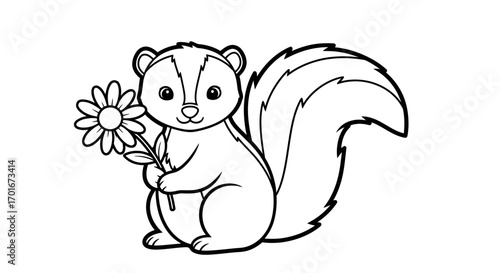 Black and white cartoon skunk holding flower illustration on white background.