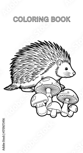 Coloring book page with hedgehog and mushrooms in black and white outline.