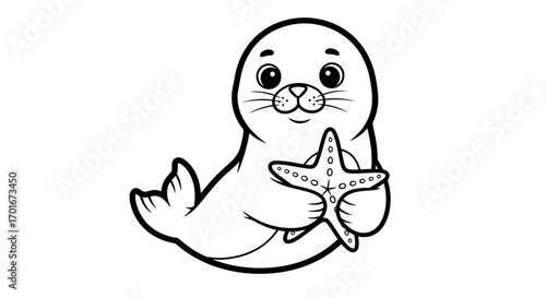 Cartoon seal holding a starfish on a white background in black and white.