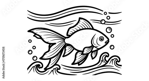 Line drawing of a fish swimming in water with waves and bubbles.