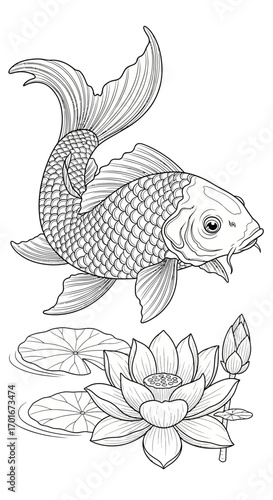 Black and white illustration of a koi fish swimming above a lotus flower.