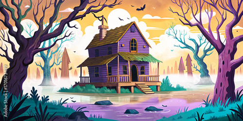 Haunted cabin in misty swamp vector wallpaper, eerie wooden structure with broken roof, surrounded by fog and dead trees