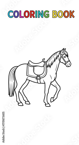 Cartoon horse with saddle outline for coloring book on white background.