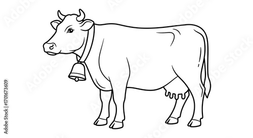 Line drawing of a cow with a bell isolated on white background.