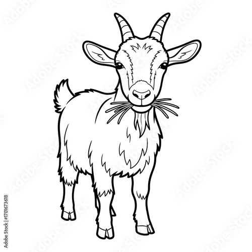 Line drawing of a goat standing with grass in its mouth on white.