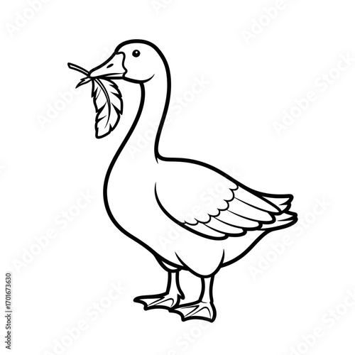 Illustration of a goose holding a leaf in its beak isolated on white.