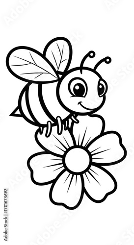 Cartoon bee sits on a flower outline black and white illustration.