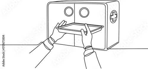 Hands in Gloves Placing Tray into a Medical Sterilization Cabinet vector illustration