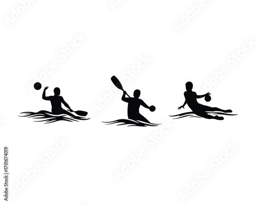 Silhouette of three athletes engaged in water sports one throwing a ball another paddling a kayak and a third in a dynamic swimming pose