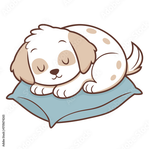 Vector art of cute cartoon puppy sleeping peacefully on a soft blue pillow, adorable illustration for childrens themes