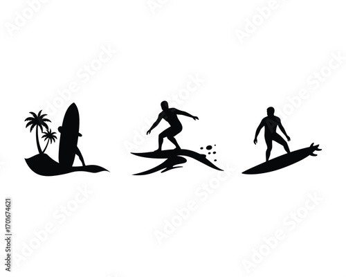 Silhouettes of surfers riding waves and a surfboard on a tropical island with palm trees