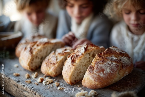 Freshly Baked Bread and Children Happily Enjoying the Memorable and Joyous Moment Together