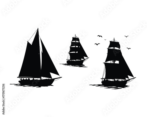 Three black silhouette sailing ships with full sails on a white background with birds flying above