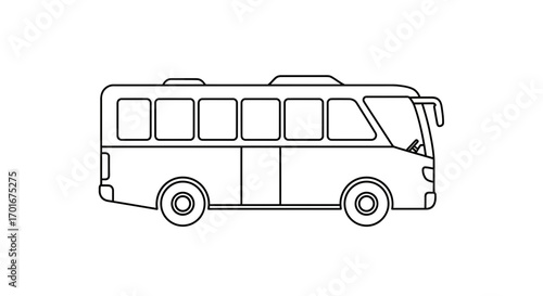 A simple line drawing of a bus viewed from the side on white.