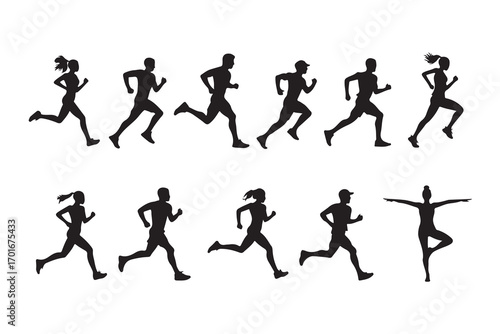Black silhouettes of runners and a yoga pose on white